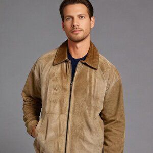 Roundtree & Yorke Tan Leather Suede Bomber Jacket Lined Zip Front Size XL Moto